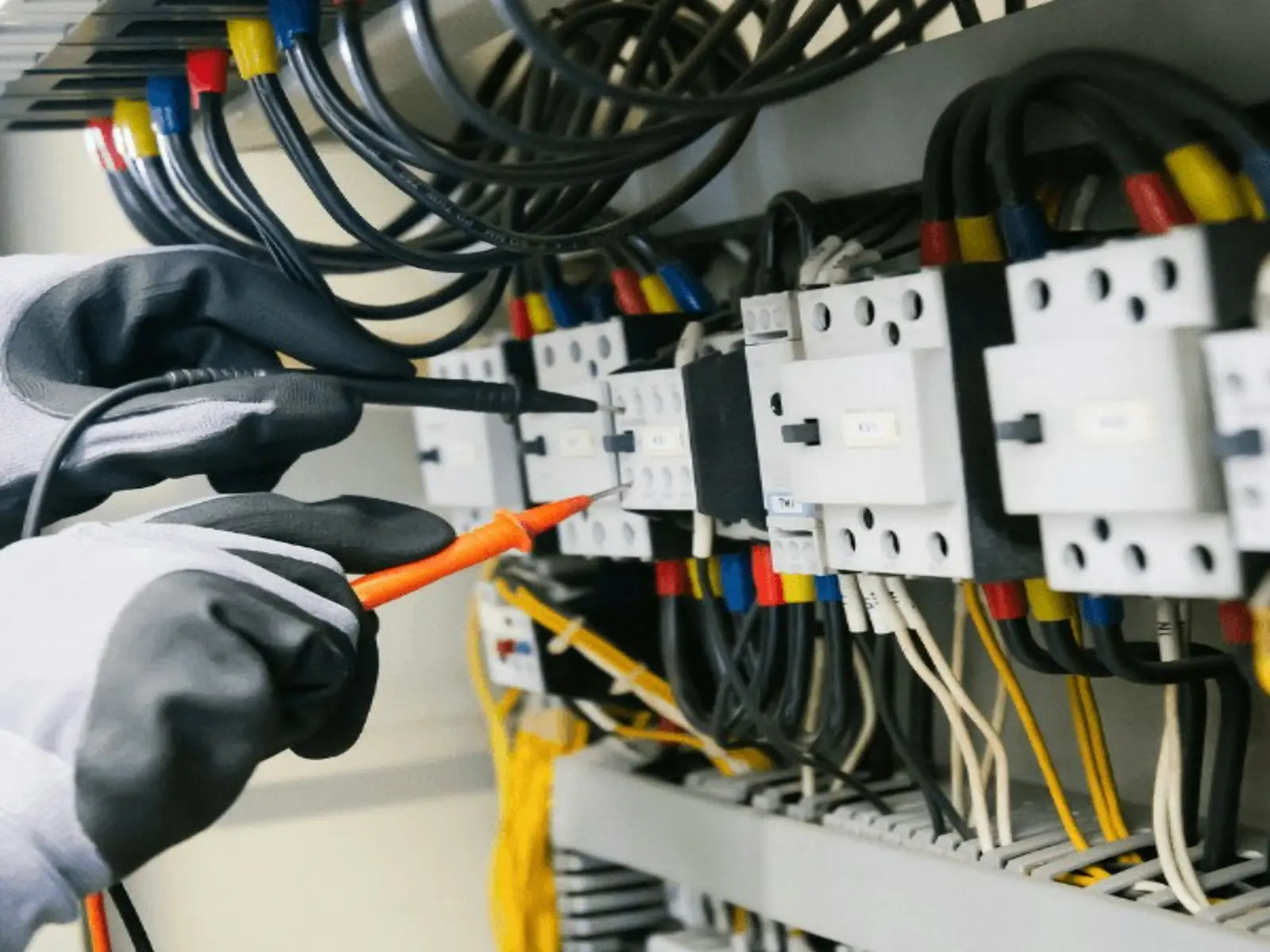 Mains gantées qui testent les bornes d'un tableau électrique avec un tournevis testeur, au milieu de câbles colorés