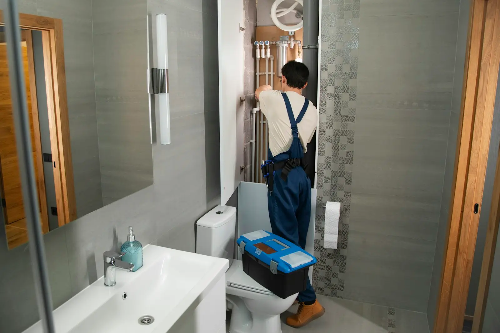 Plombier en salopette qui intervient dans une salle de bain moderne